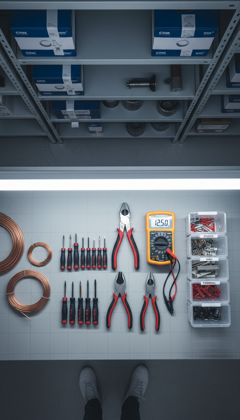 A set of high-quality, industrial-grade electrical installation tools—precision screwdrivers, insulated pliers, and a digital multimeter—neatly arranged on a pristine, matte workbench. Nearby, carefully coiled copper wiring and clearly labeled connectors accentuate professionalism. The setting is a bright, purpose-built workshop with neutral gray surfaces and subtle metal shelving in the background, all maintaining a clutter-free appearance. Even, soft-white studio lighting bathes the scene, resulting in gentle reflections and defined but unobtrusive shadows. Captured from an overhead, bird’s-eye view that showcases organization and attention to detail, the composition is structured and methodical. The mood is competent and efficient, embodying a photographic, corporate aesthetic aligned with the electrical solutions theme.