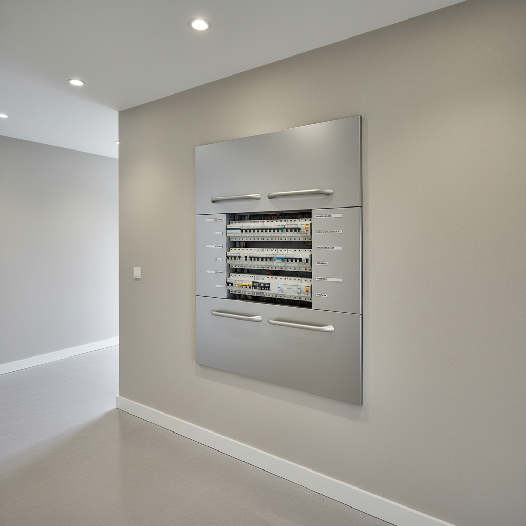 A contemporary groupenkast (meterkast) unit installed flush against a softly textured, light-colored wall, exuding a tidy and streamlined appearance. The unit is constructed from brushed aluminum with clear labeling and ergonomic handles, emphasizing modern design and practicality. The surrounding environment is a bright, newly renovated hallway with smooth flooring and minimalistic architectural elements. Gentle, even artificial light from recessed ceiling fixtures eliminates harsh shadows, lending a calm and organized feel. Captured from a slightly elevated angle for optimal visibility of the unit’s surface and labeling, the image composition uses clean lines and a neutral palette, reinforcing trustworthiness and technical expertise. The style is clean, photographic, and distinctly corporate.